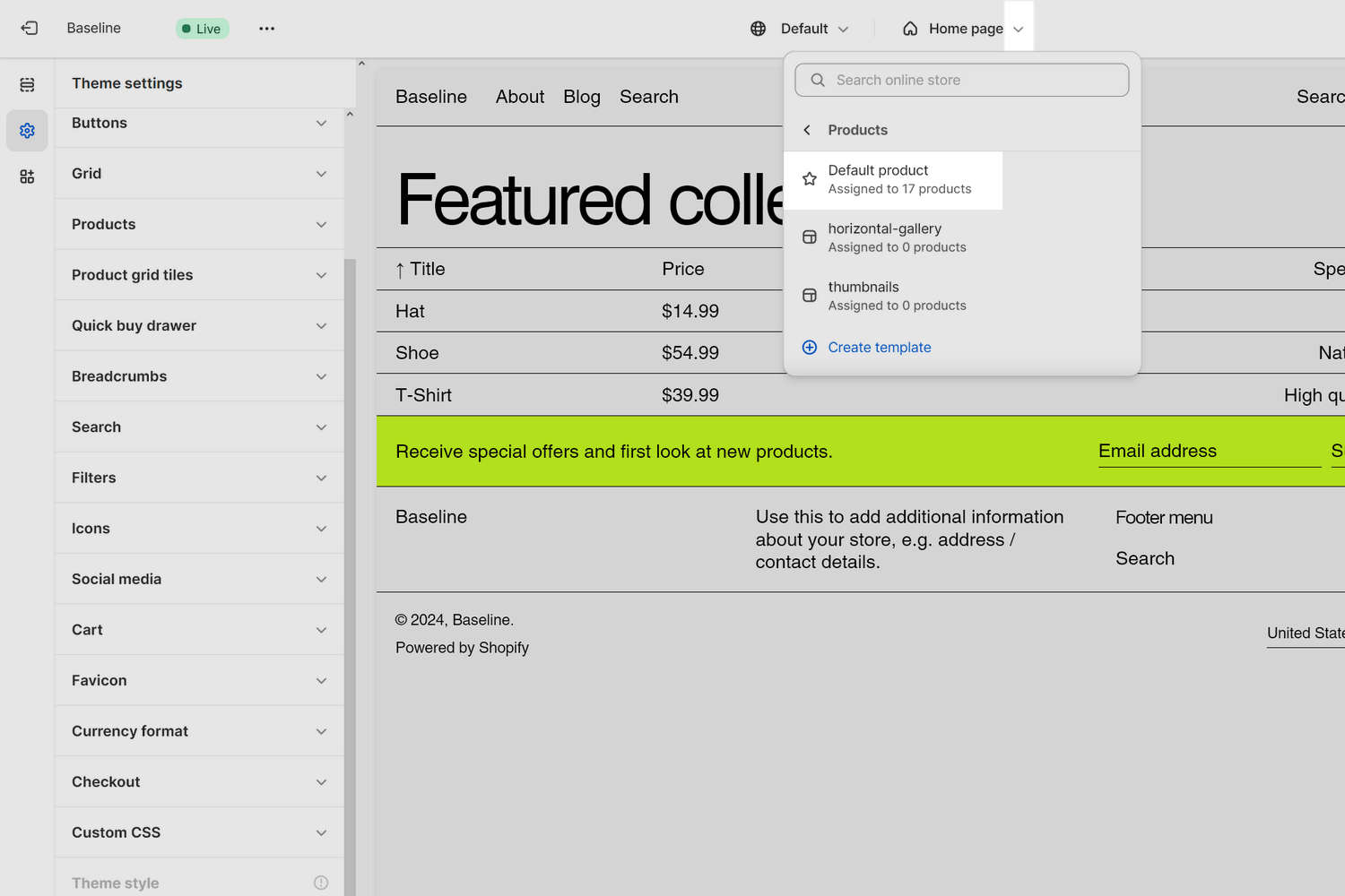 The Default product page template selected in Theme editor.
