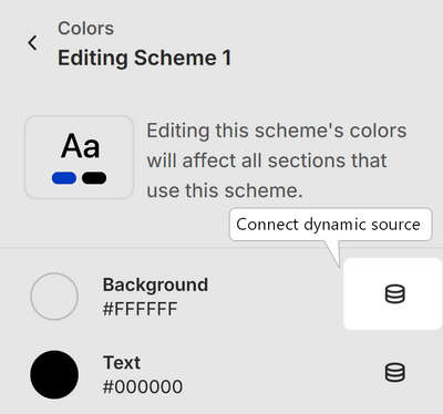 The Connect dynamic source icon, inside the Theme setting's Colors menu, in Theme editor.