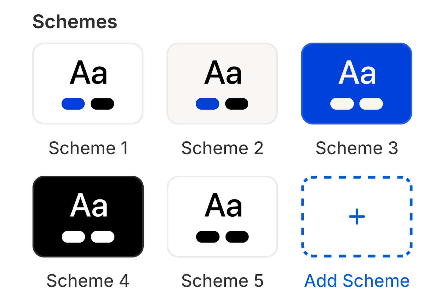 Example Color schemes listed in the Schemes pane inside Theme editor's Colors Theme settings menu.