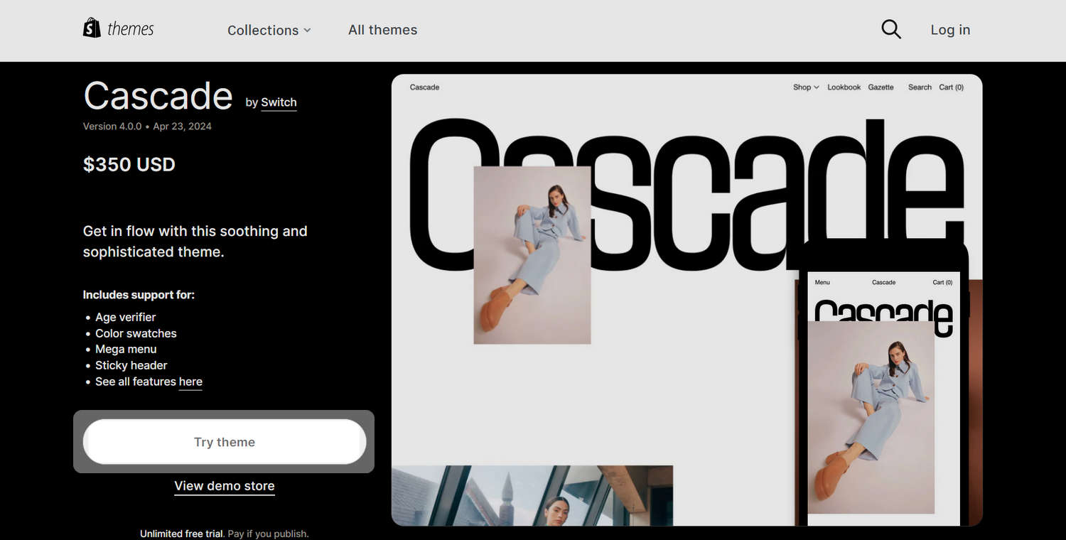 The Cascade theme details page on Shopify Theme store.
