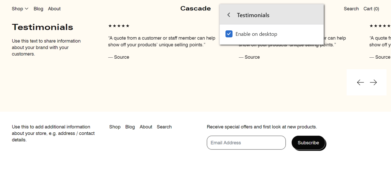 An example Testimonials section on a store's home page.