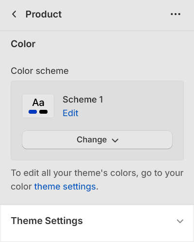 An example of the Theme settings menu for a Product section in Theme editor.