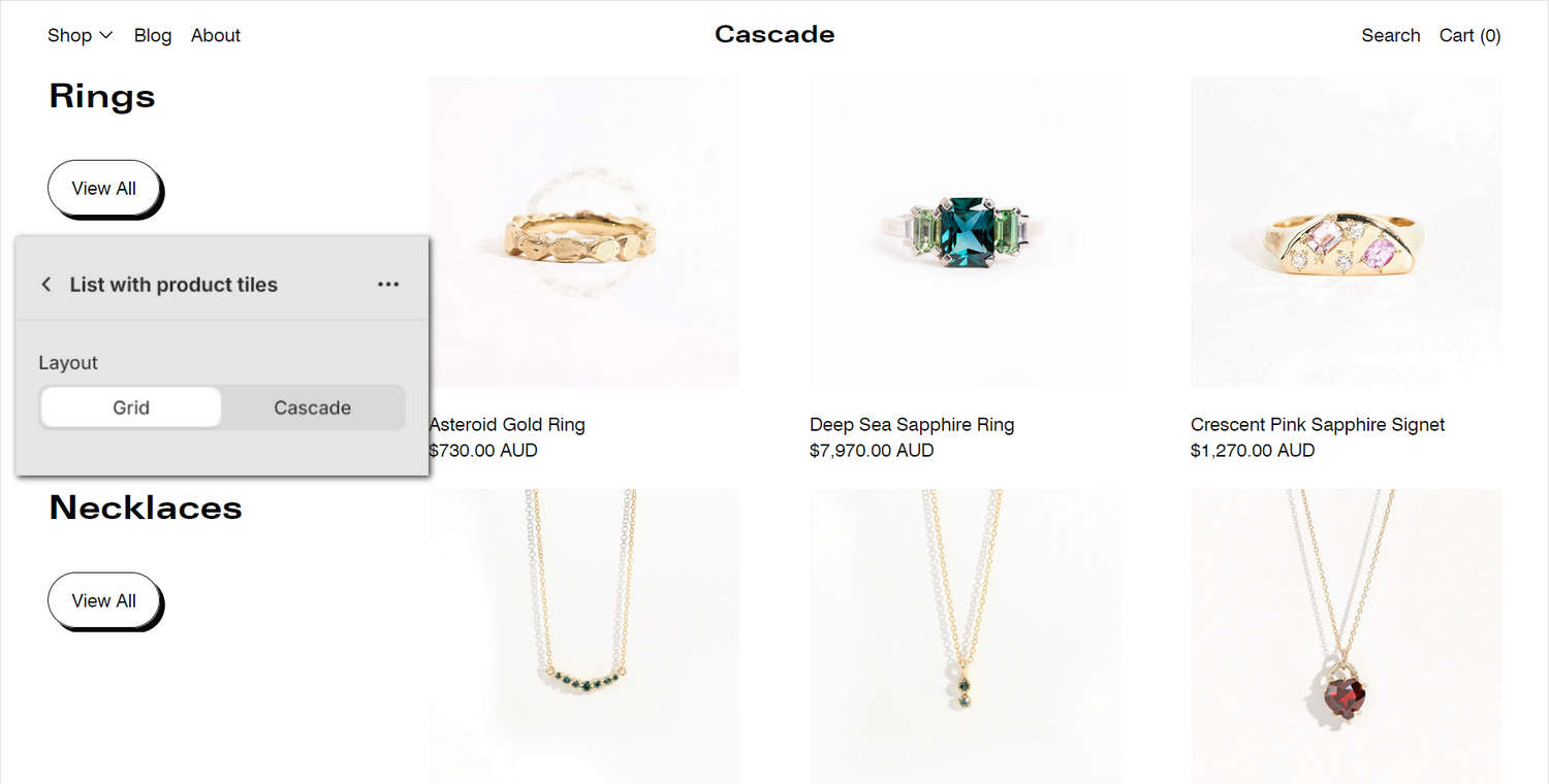 An example List with product tiles section on a store's Collections list page.