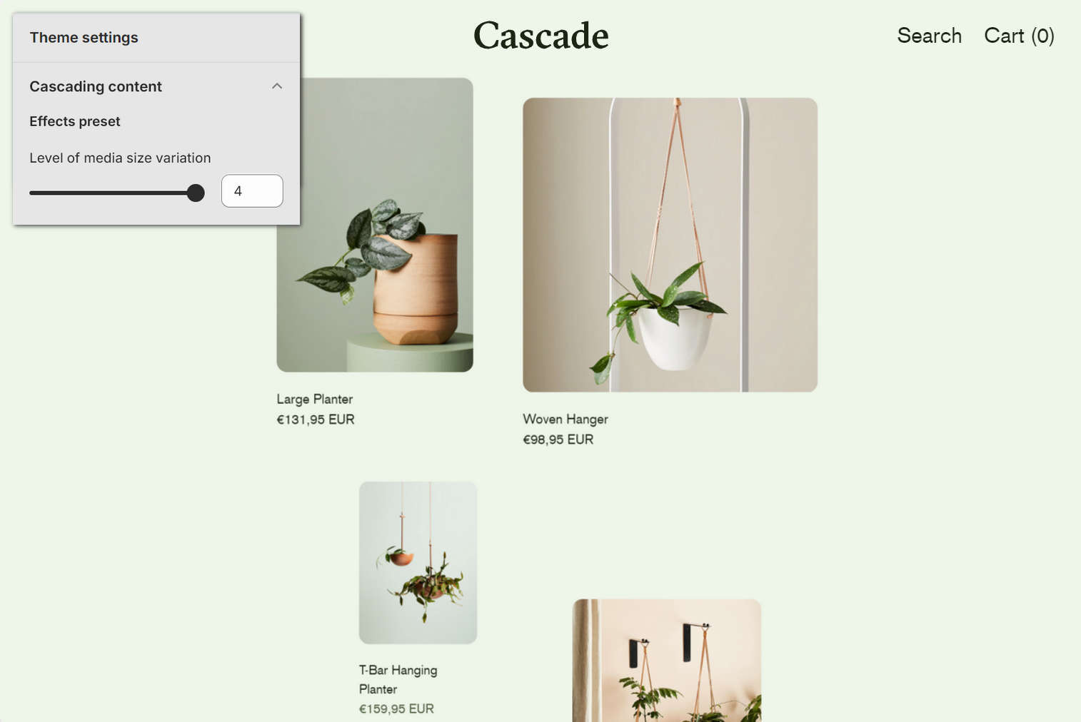 An example store's Collection with the Theme settings's Cascading content menu.