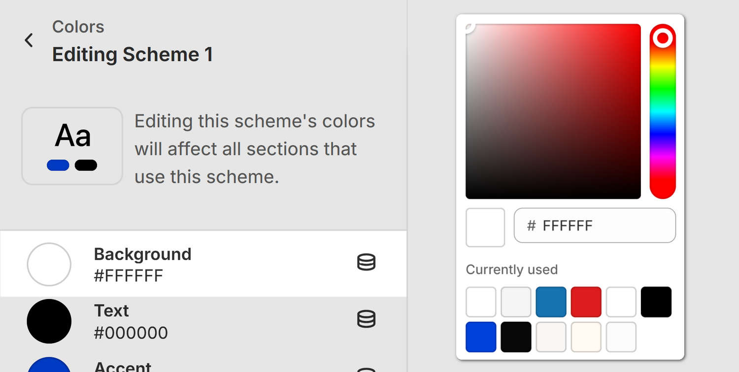 The Scheme 1 color scheme's text color options, inside Theme setting's Colors menu, in Theme editor.