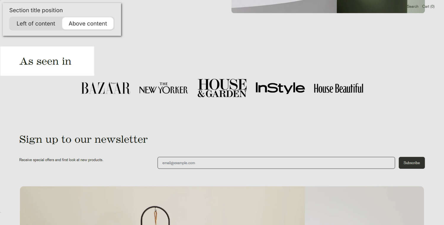 An example store's home page with the Theme settings's Layout menu open in Theme editor.