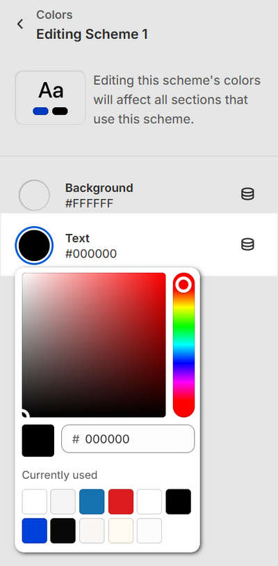The controls for adjusting the Primary color scheme's text color in Theme settings.