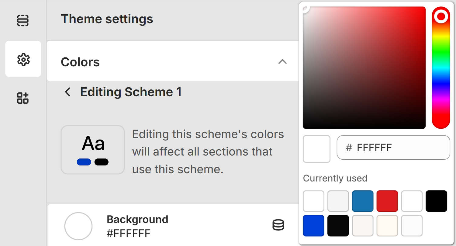 The controls for adjusting the Scheme 1 color scheme's background color in Theme settings.