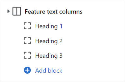 The Feature text columns' add block menu in Theme editor.