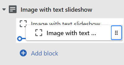 The move block option for an Image with text slideshow block in an Image with text slideshow section in Theme editor.