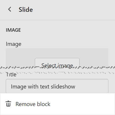 The option to remove an Image with text slideshow block from an Image with text slideshow section in Theme editor.