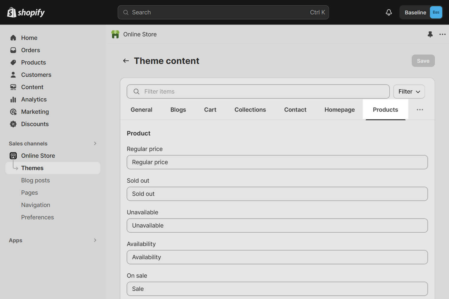 The Products tab selected on the Theme content page in Shopify admin.