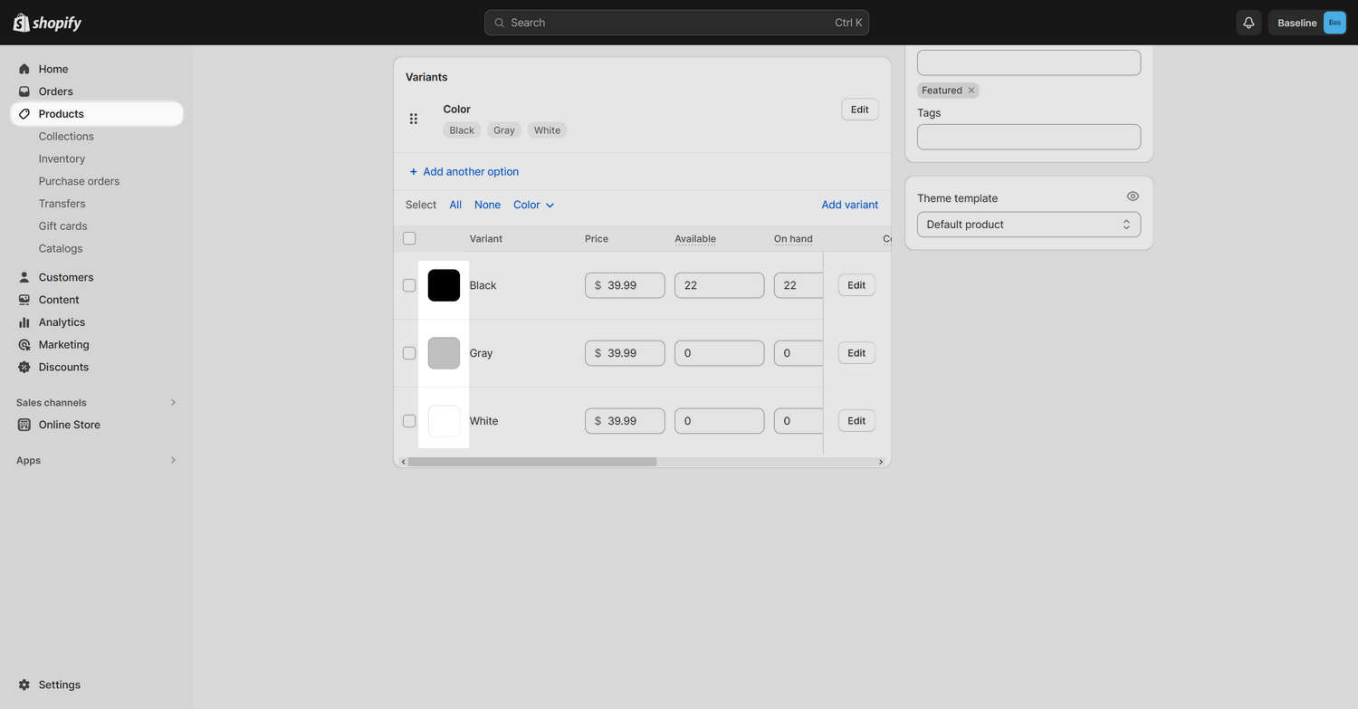 Example image files uploaded and selected in the Variants are of the Shopify admin Products page.