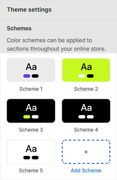 Color schemes listed in the Schemes pane inside Theme editor's Colors Theme settings menu.