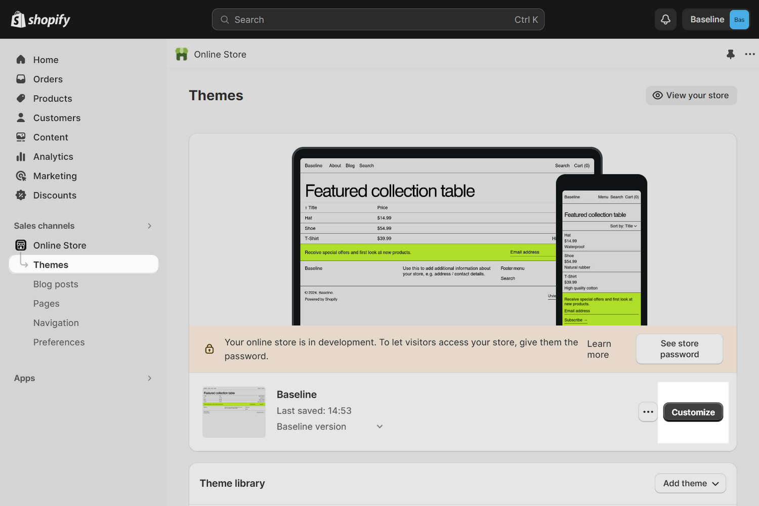 The Customize theme option selected in Shopify admin.
