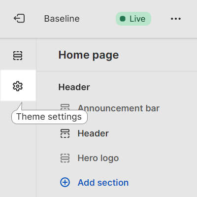 The Theme settings option selected in Theme editor.