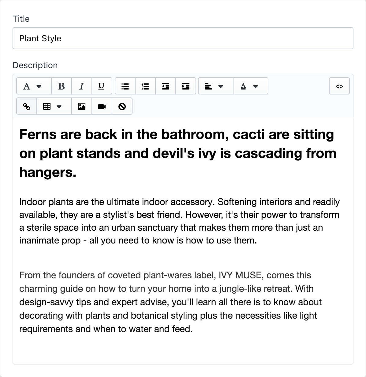 Example text open in the product description editor.