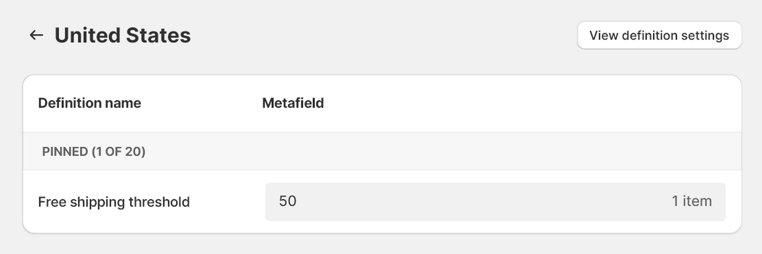 An example of a free shipping bar metafield definition.