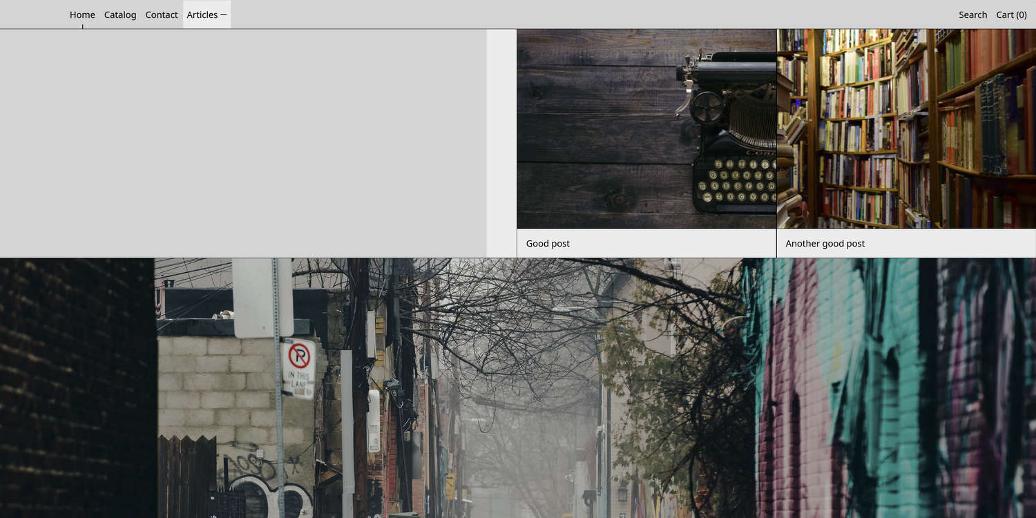 An example store's Header section with an image displayed in a header dropdown menu