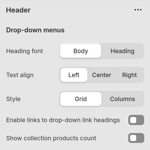 The Header section settings for header dropdown menus in the Theme editor.