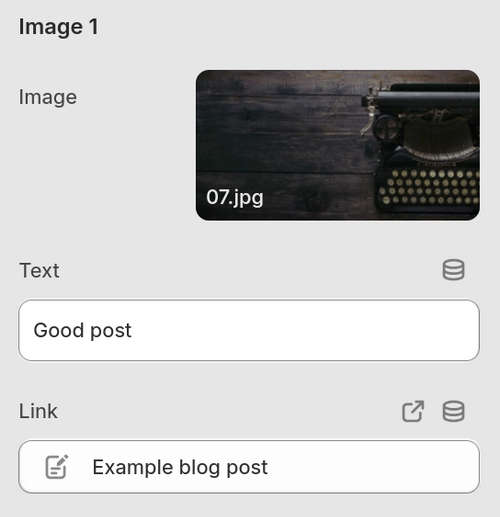 An example store's dropdown featured images block configured to display an image with corresponding text that links to the store's blog post page.