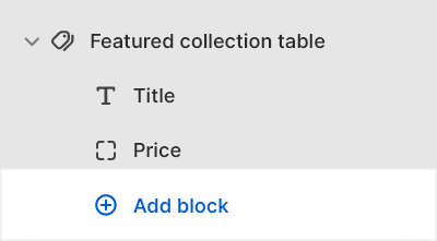 The Featured collection table's Add block menu in Theme editor.