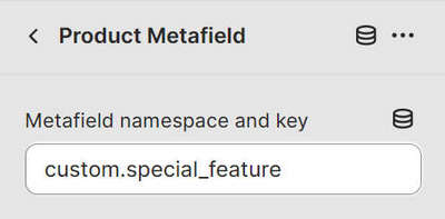 The Product metafield block's Metafield namespace and key setting in Theme editor.