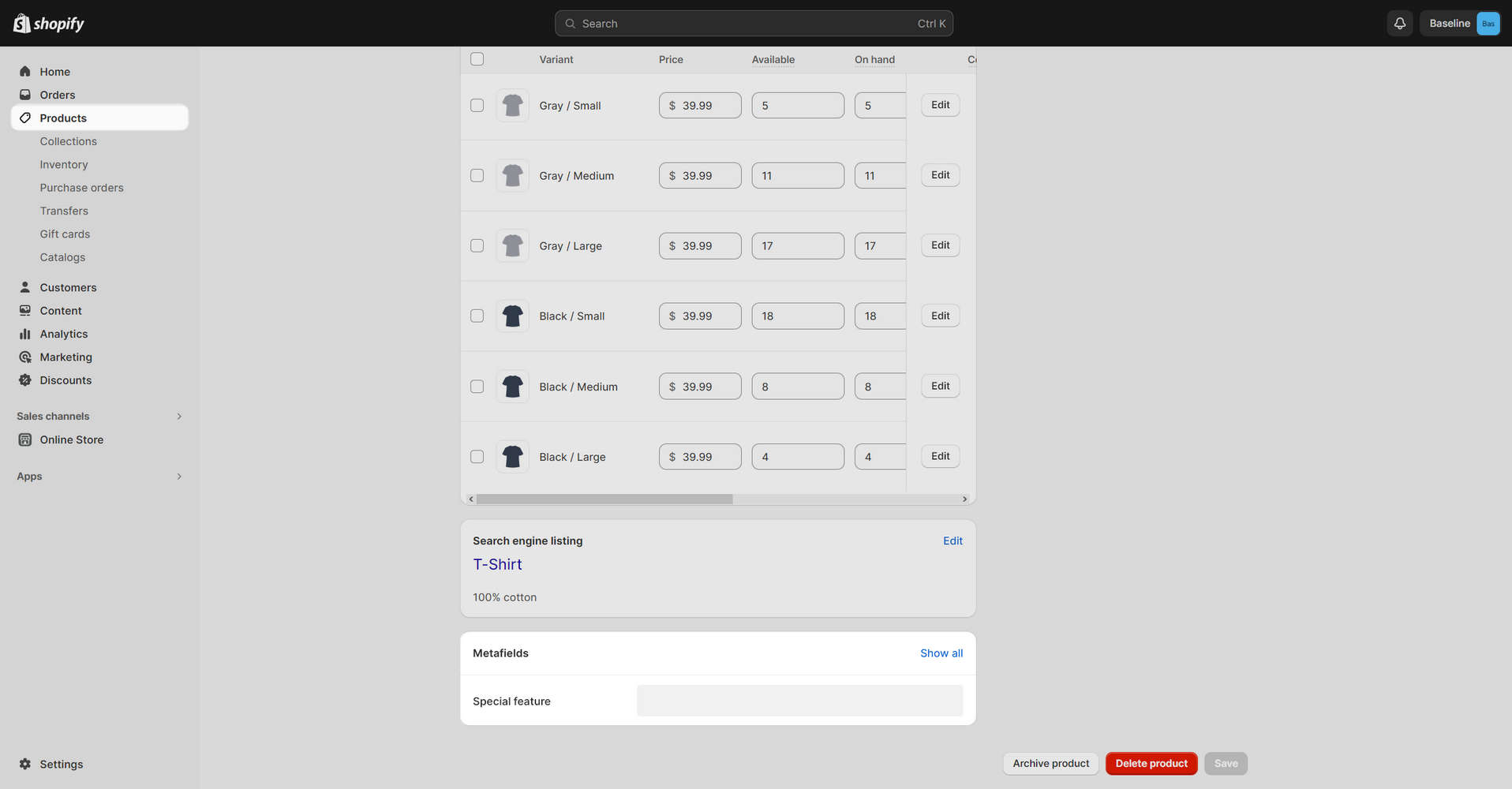 The metafield pane selected in Shopify's Product editor.