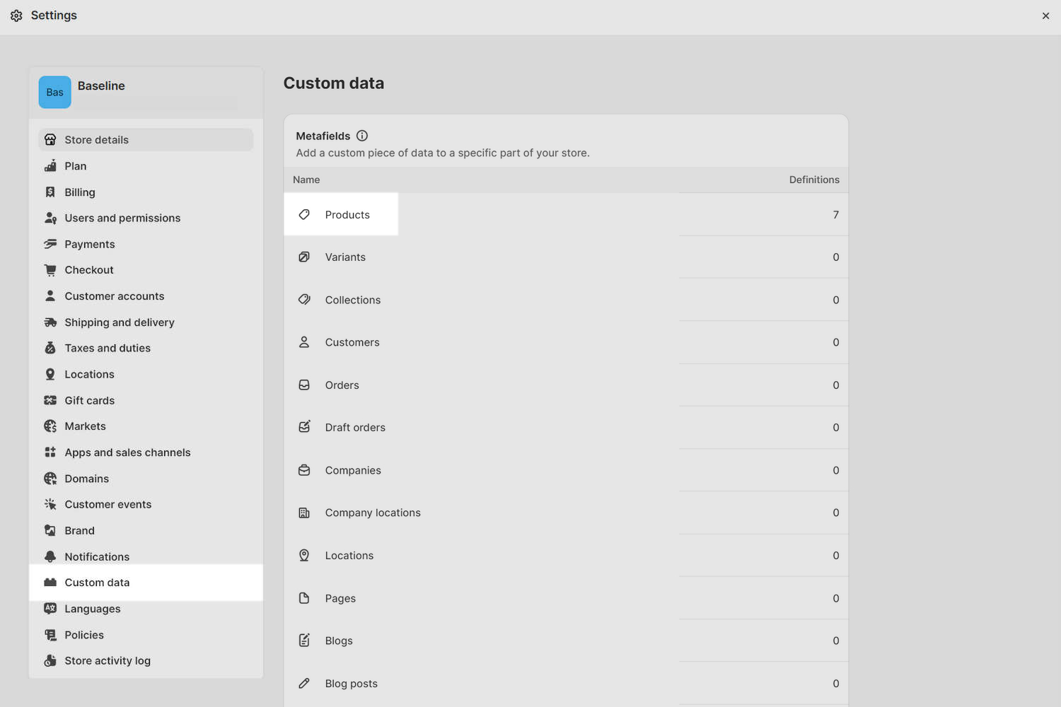 The Custom data settings page in Shopify admin.
