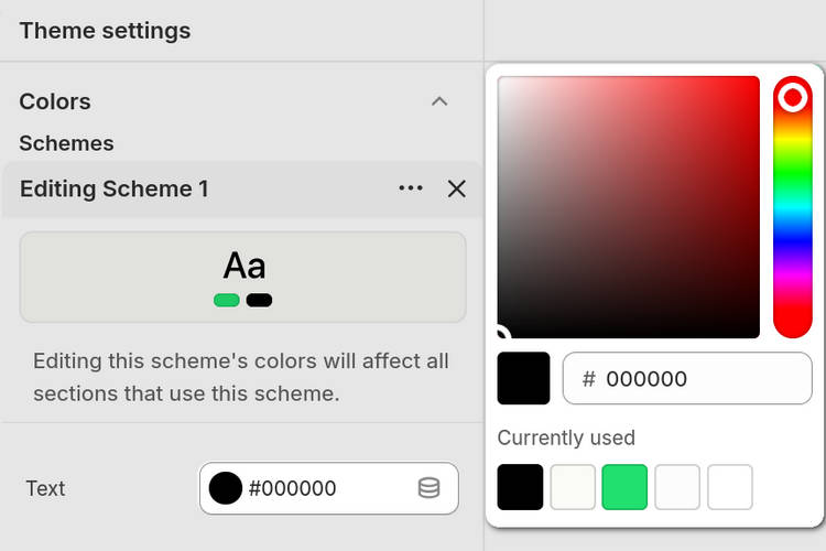 The color scheme settings for Baseline 5 in Theme editor.