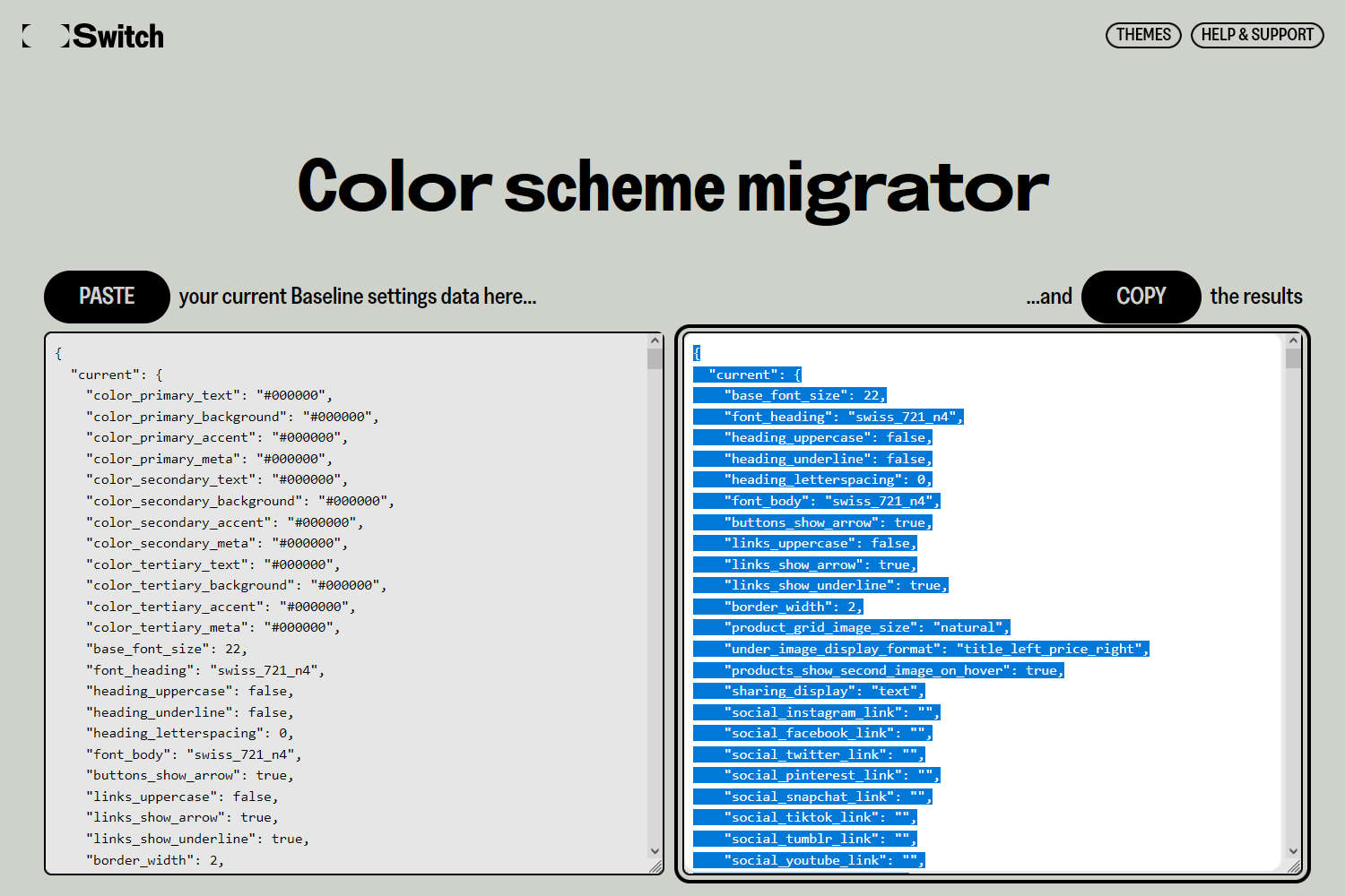 The Color scheme migrator web page with the Copy option selected.