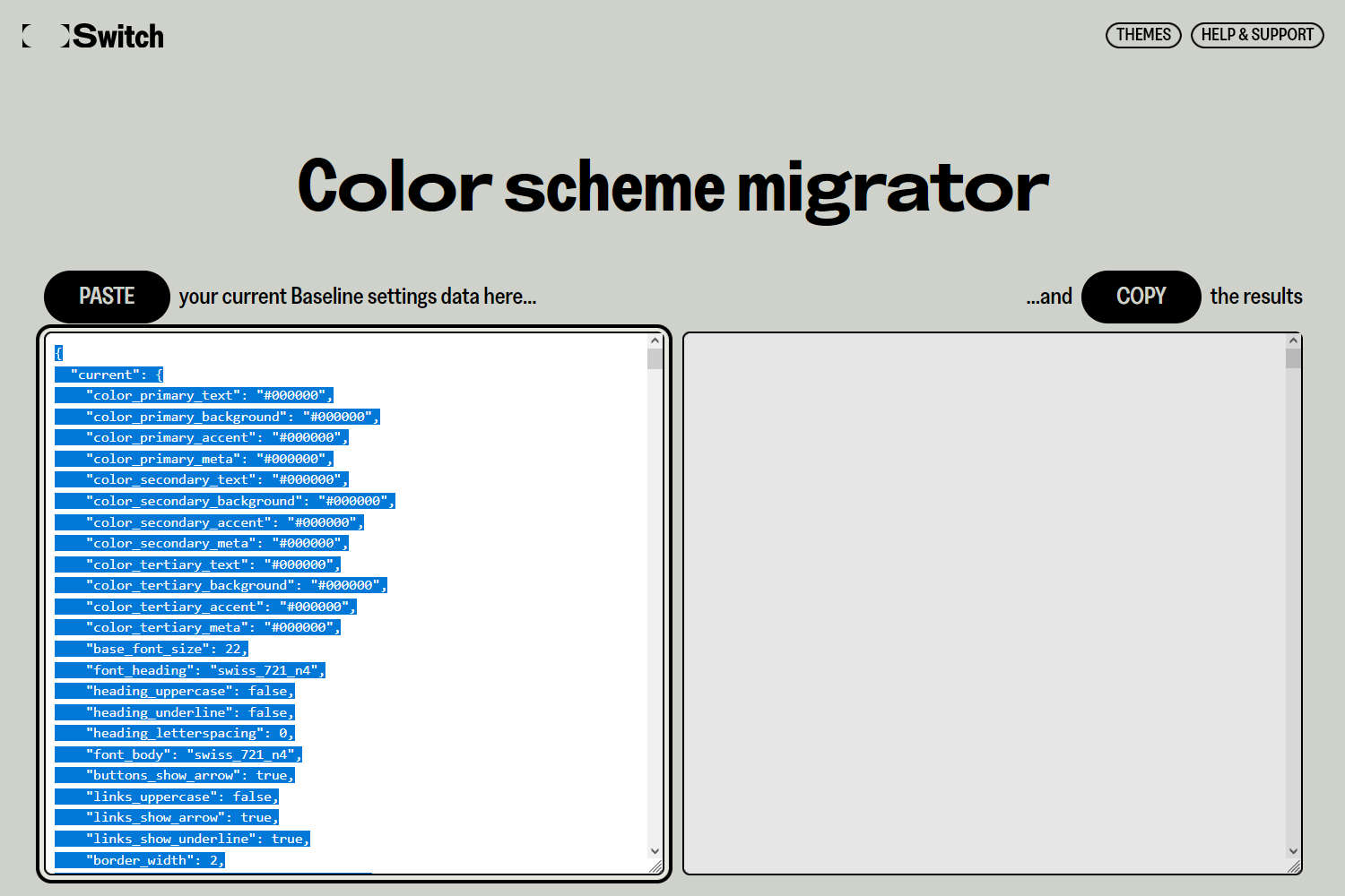 The Color scheme migrator web page with the Paste option selected.