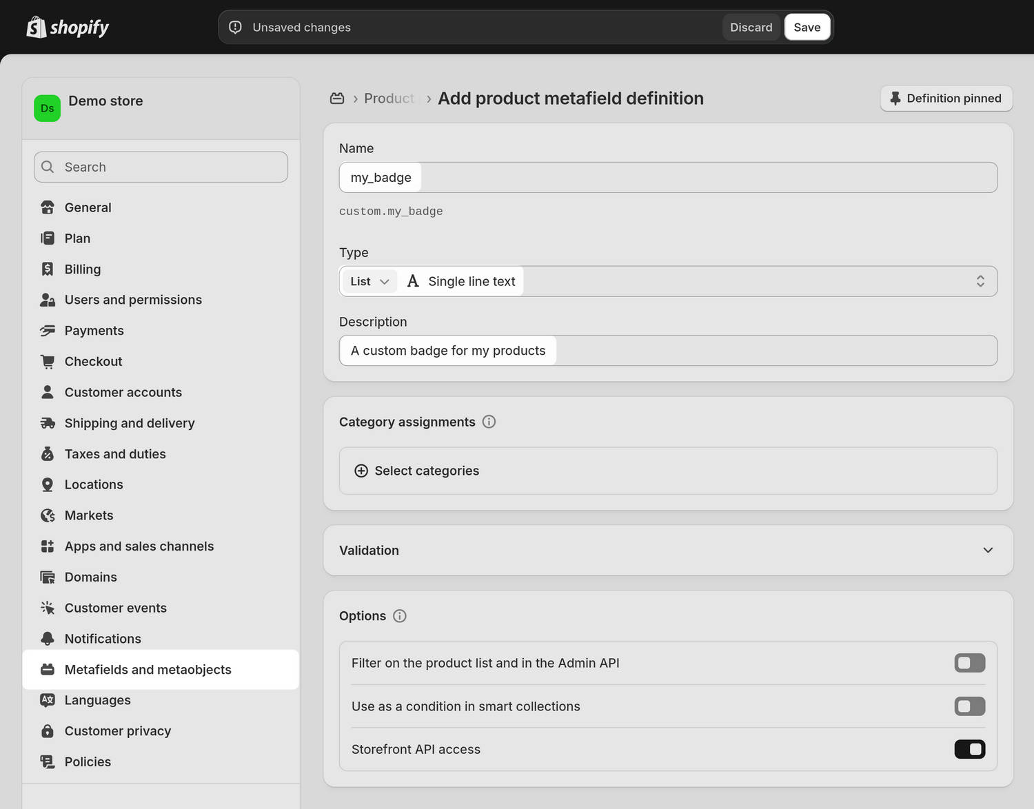 An example of a completed Metafield definition for a custom product badge in Shopify admin.