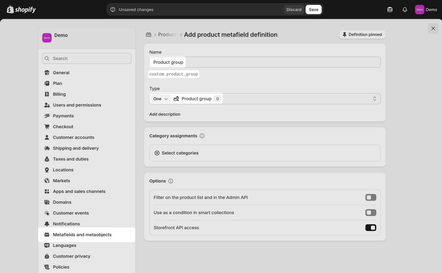 An example metafield definition in Shopify admin.
