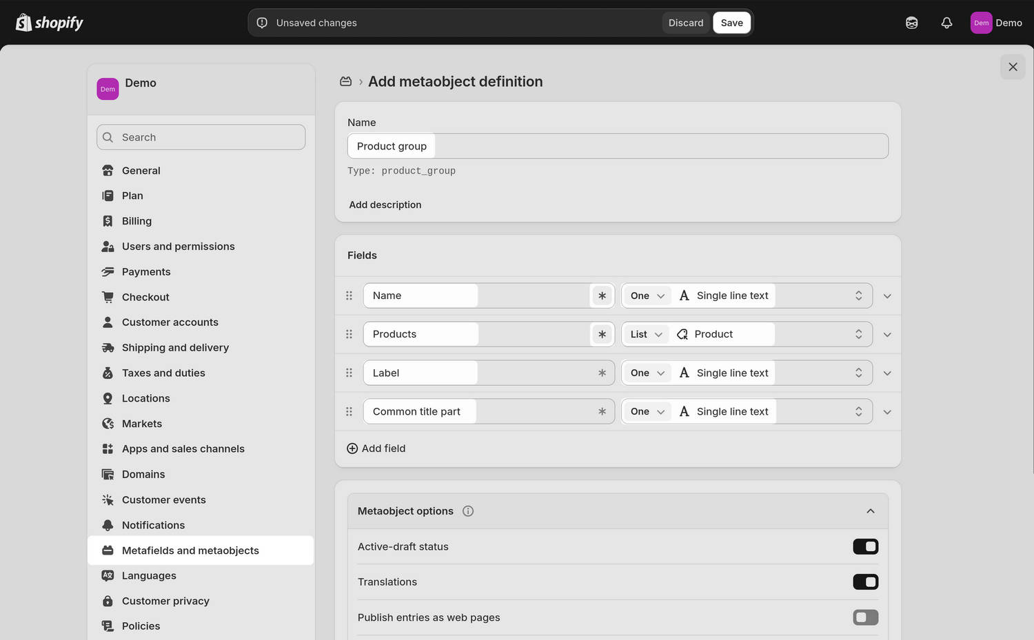An example metaobject definition in Shopify admin.
