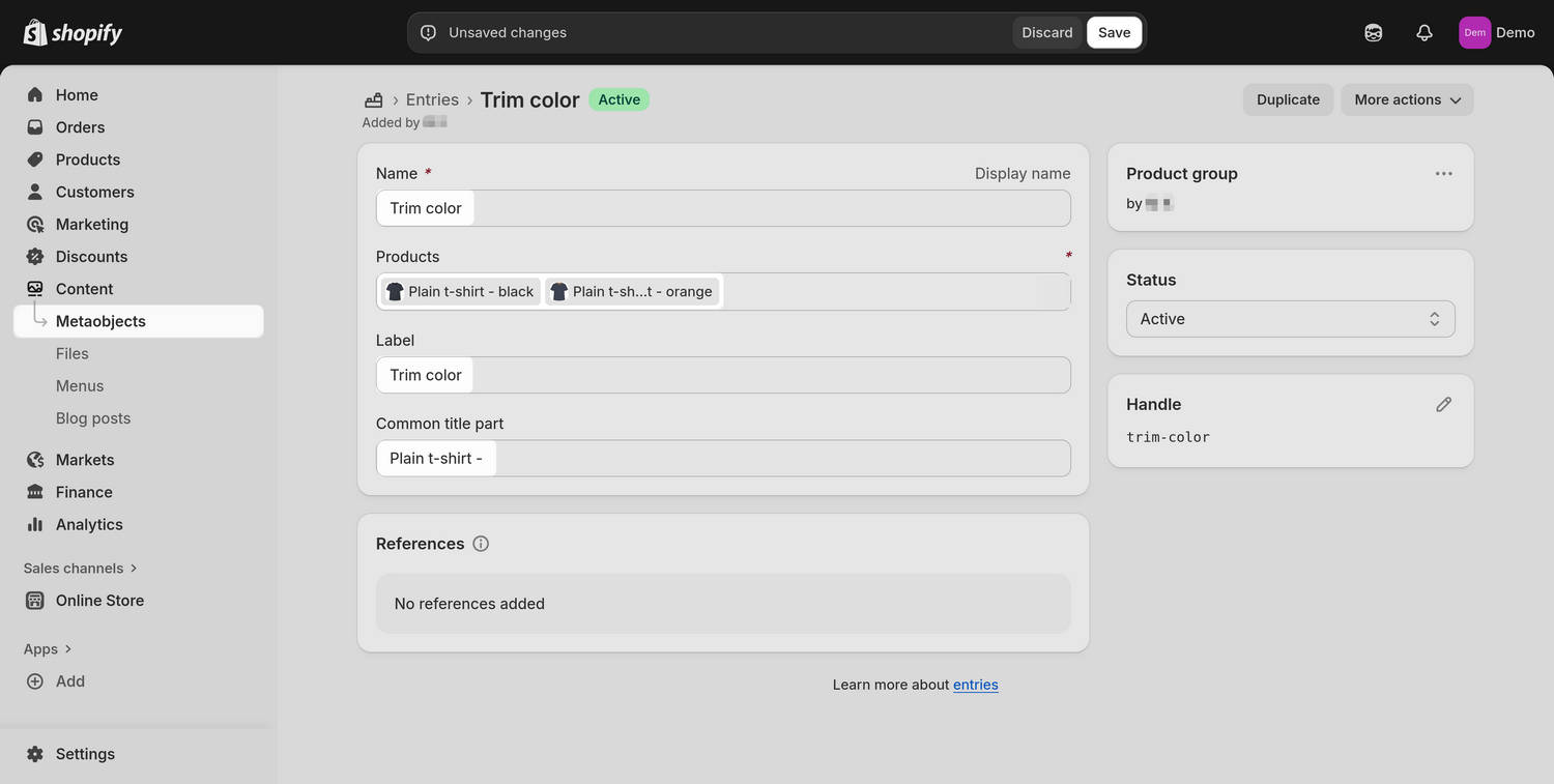 An example product entry configured in a product group in Shopify admin.