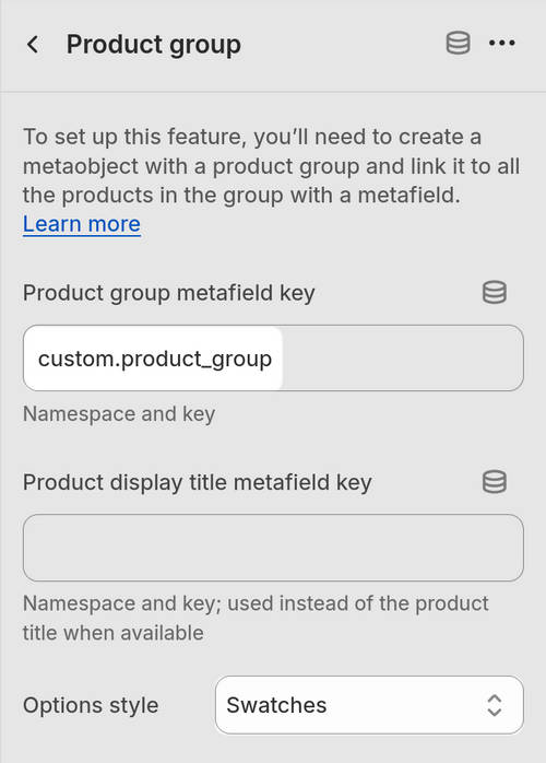 An example product group block in Theme editor.