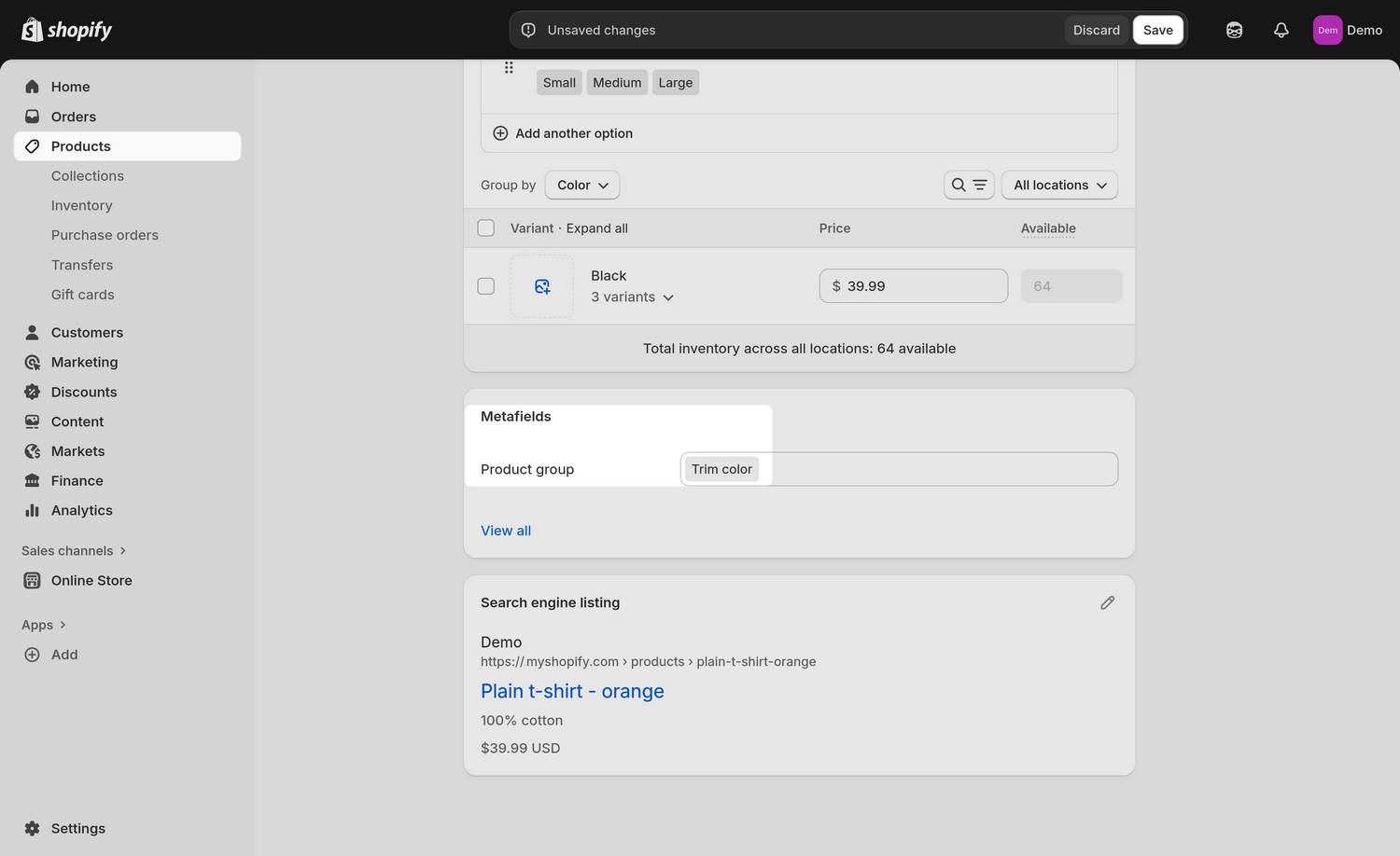 An example product linked to a metaobject in Shopify admin.