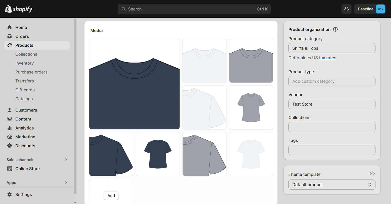 The Media pane in Shopify's Product editor.