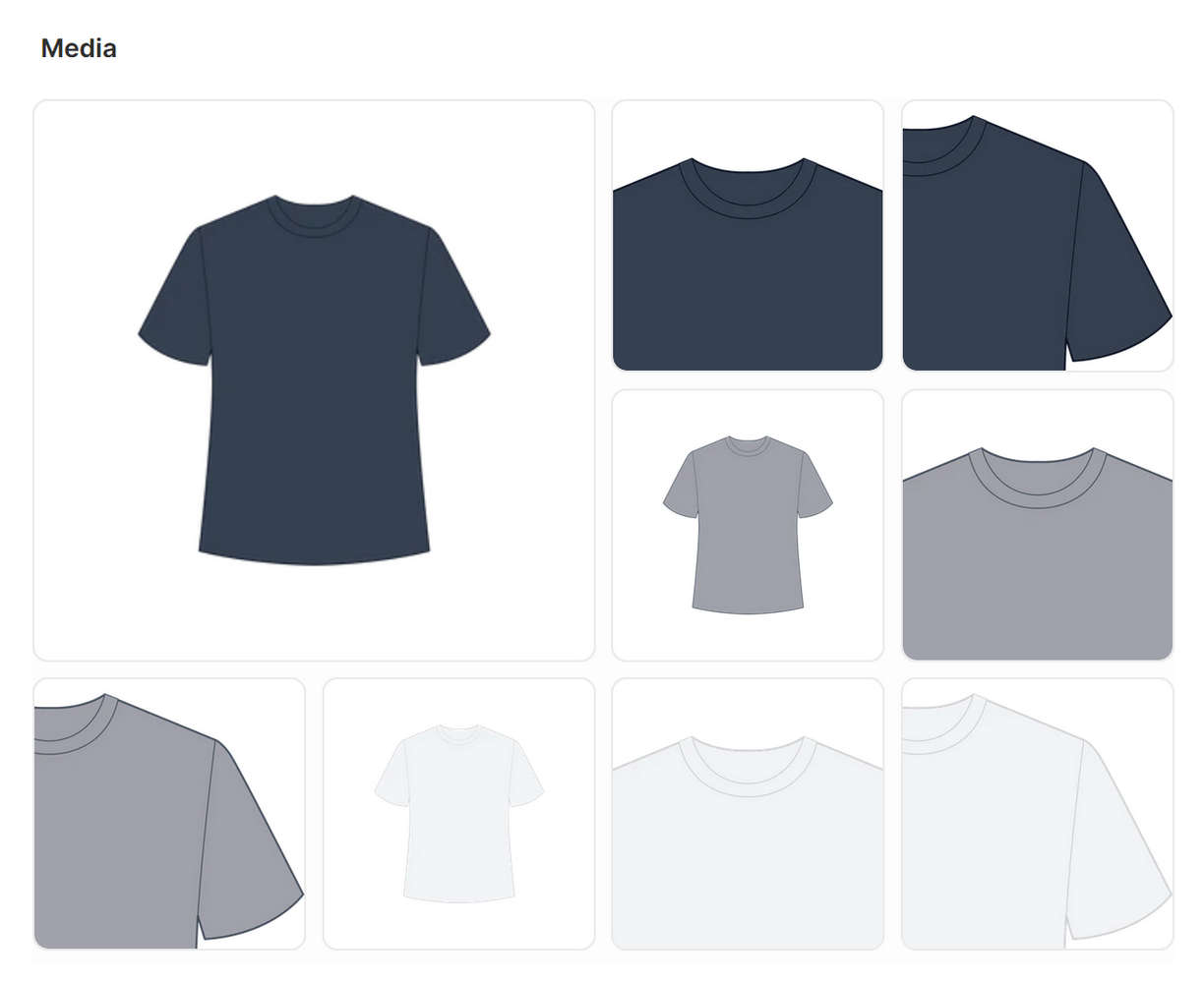 An arrangement of reordered media items in Shopify's Product editor.