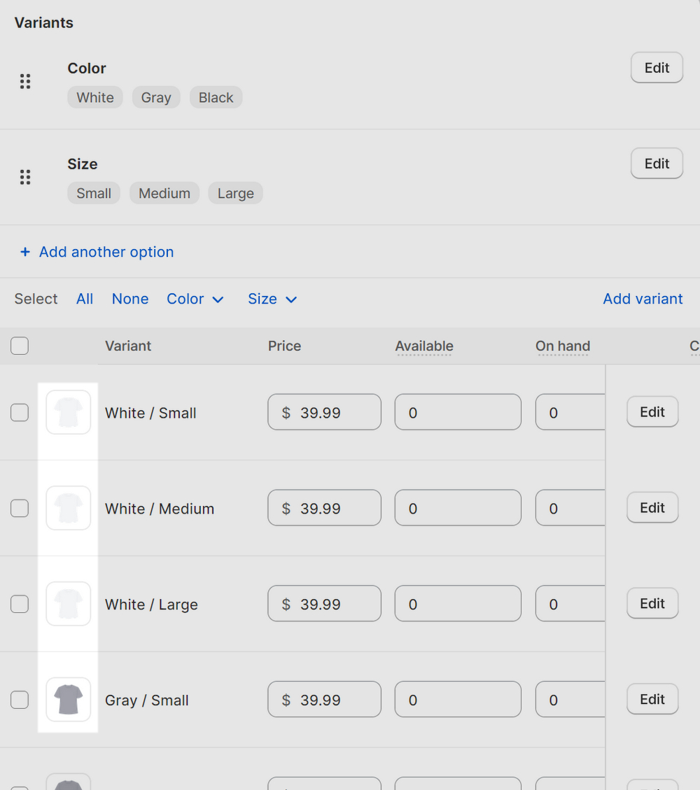 Images assigned to variants in Shopify's Product editor.