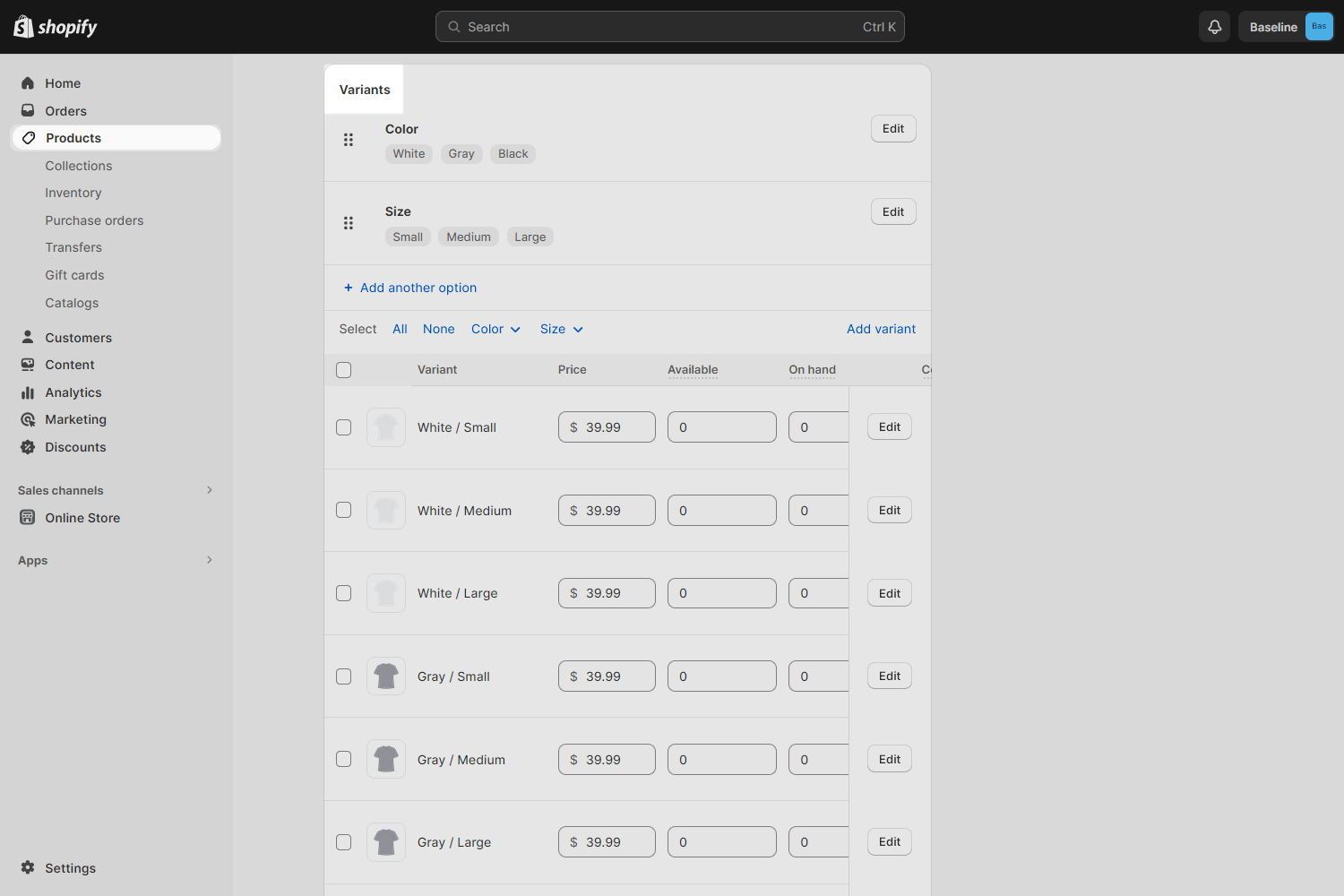 The Variants pane in Shopify's Product editor.