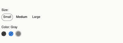 An example store page with strike-through applied to the variant picker for Size and Color product options.