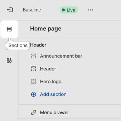 The sections option selected in Theme editor.