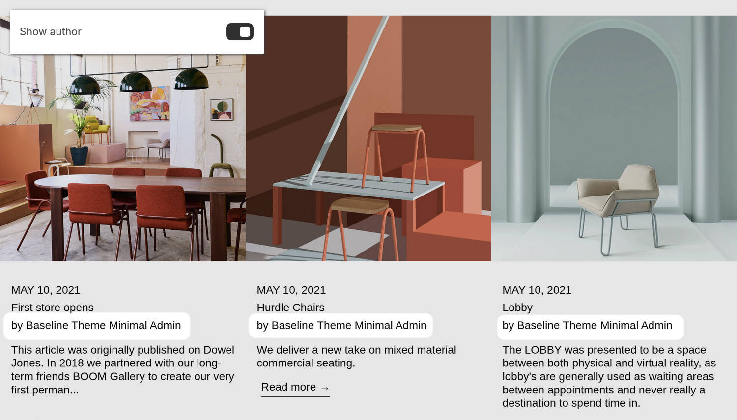 An example Blog posts section on a store's home page.