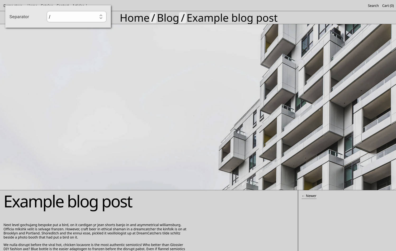A Breadcrumbs section on a store's home page in Theme editor.