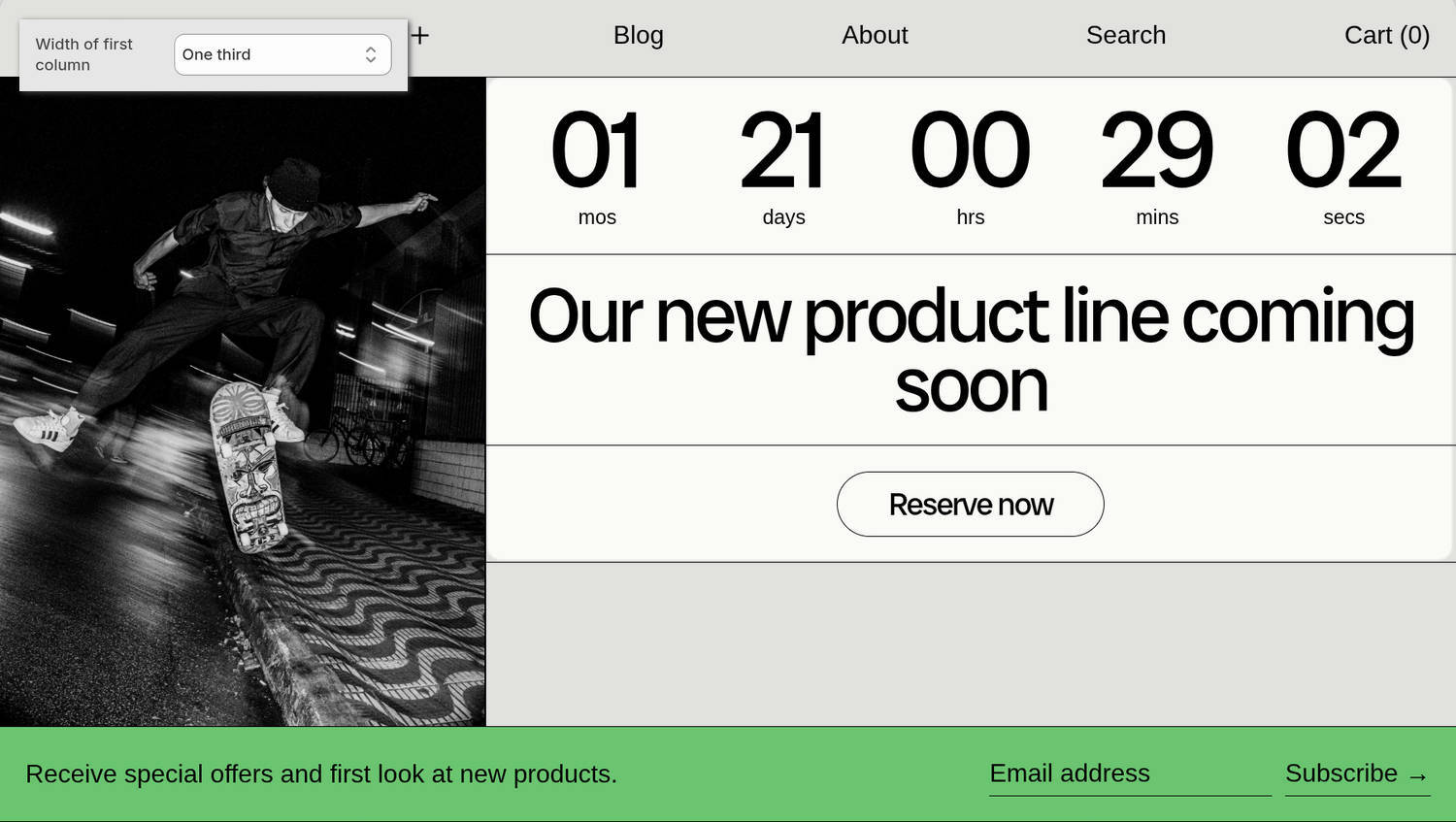 A Countdown timer with image section on a store's home page in the Theme editor.
