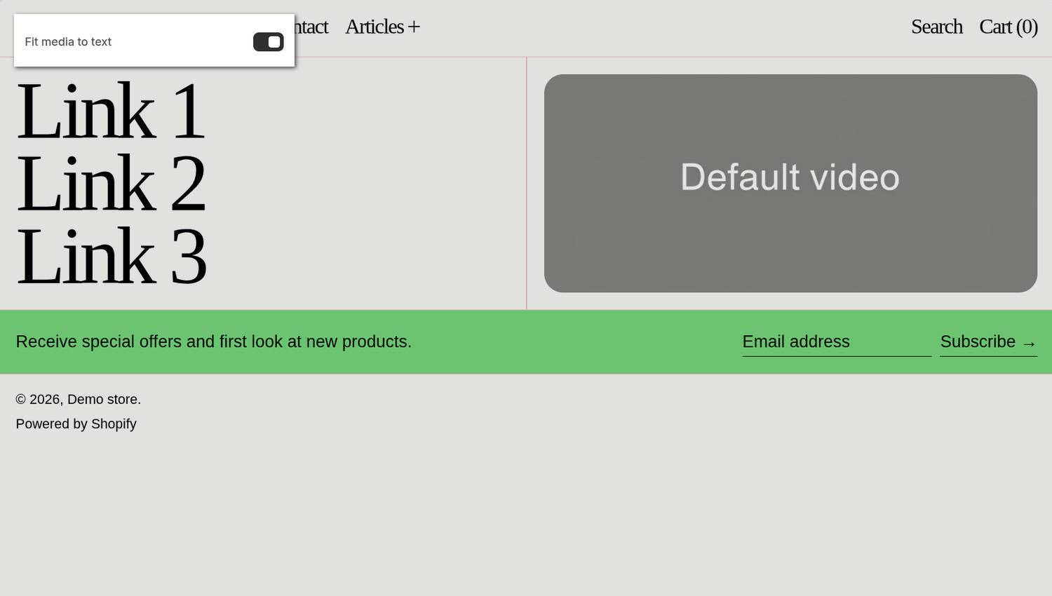 A Custom links with video section on a store's home page in the Theme editor.
