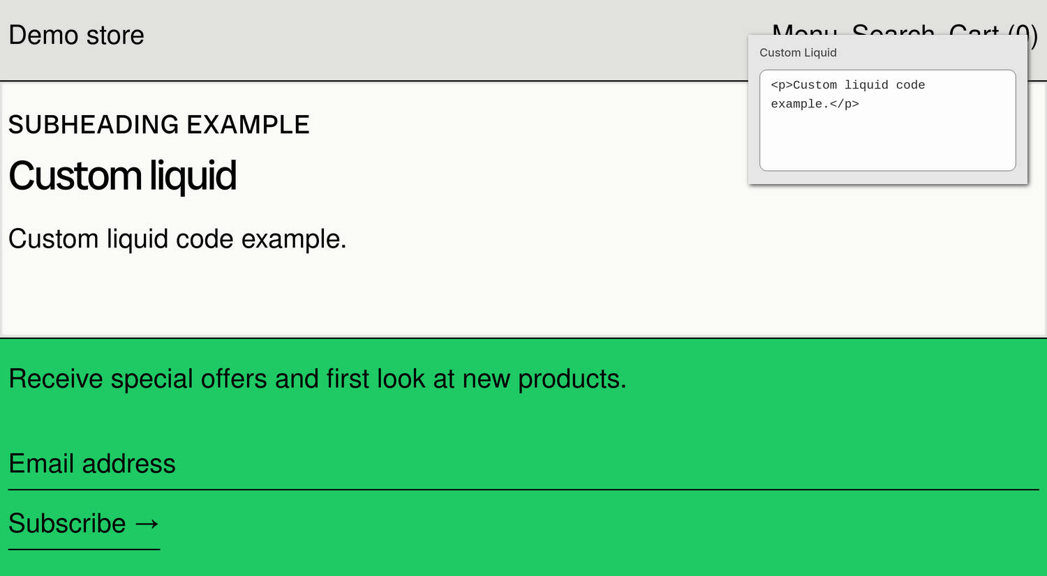 An example Custom Liquid section on a store's home page.