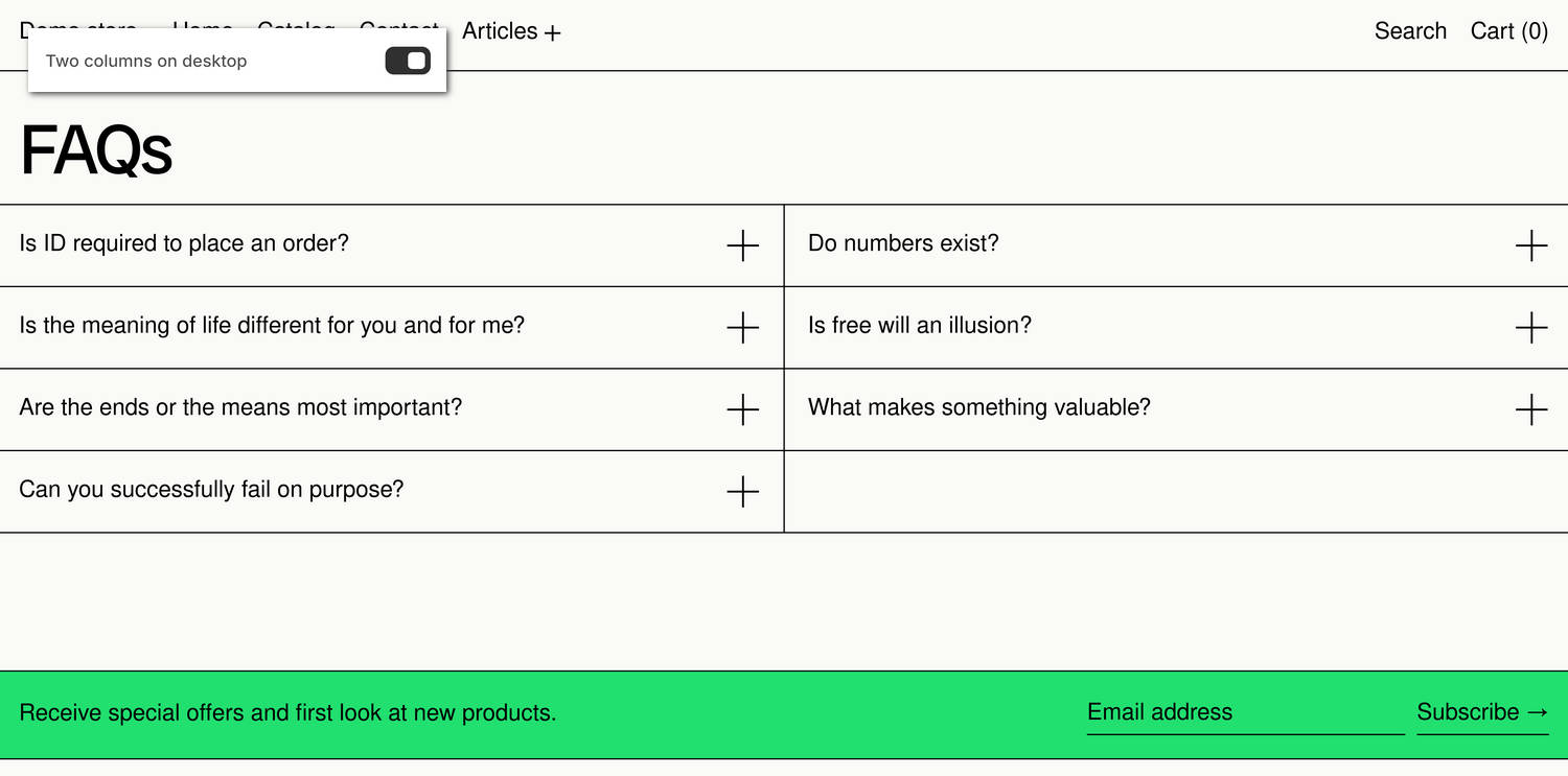 An example FAQ section on a store's home page.